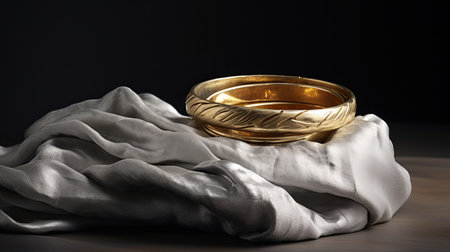 golden wedding rings resting on a silky fabric, inspired by american sculpture from 1830-1950. the intricate feather detailing and bronze casts add a touch of elegance. the composition draws influences from caravaggesque, hurufiyya, and burne-jones styles, resulting in a captivating and handheld piece of art. ai generatedの素材