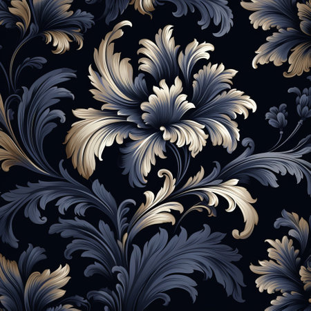 a dark floral wallpaper pattern featuring gold leaves and intricate feather-like rendering. the design showcases a combination of light sky-blue and dark navy hues, creating a visually striking contrast. the realistic details of the pattern resemble the artistry of a baroque sculptor, with luminous shadows and multidimensional shading adding depth and dimension to the overall design. ai generatedの素材