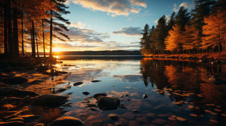 a serene lake in a forest, surrounded by vibrant autumn-colored birch trees, reflects their beauty on the calm water's surface. this tranquil scene captures the serenity and appreciation for nature's fall splendor. shot during golden hour, the image showcases the soft, warm light that illuminates the forest, creating a captivating and peaceful atmosphere. ai generatedの素材