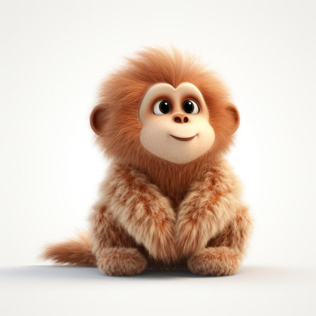 close-up of a cute toy monkey, resembling a rhondda monkey, in a photorealistic rendering style. this adorable monkey toy features a light orange color and has a spiky mounds texture. the design is reminiscent of the works of artists like beeple, gu hongzhong, and caras ionut, with a touch of disney animation influence. ai generatedの素材