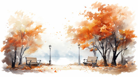 a watercolor painting of an autumn park with benches and trees, showcasing a spectacular backdrop in white and orange hues. this anime art-inspired piece is rendered in 8k resolution, capturing the romantic riverscapes and utilizing digital art techniques. the use of ferrania p30 film adds a unique touch to this stunning artwork. ai generatedの素材