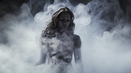a woman stands in a black background portrait photo, her dress billowing with smoke. the image captures the ethereal cloudscapes and haunting shadows reminiscent of artists like theo van rysselberghe, kim keever, and germaine krull. the light is soft, casting a white and indigo glow, with selective focus drawing attention to the mesmerizing scene. ai generatedの素材