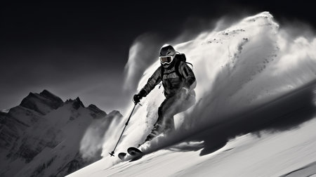 a man is captured in a black and white photo, sliding down a mountain. the image showcases the artistic style of daz3d, with its harsh palette knife work and precisionist lines. the renderings are hyper-detailed and realistic, enhanced by beautifully textured brushstrokes. the photo was taken using a konica auto s3, resulting in a captivating and dynamic scene of carving down the mountain. ai generatedの素材
