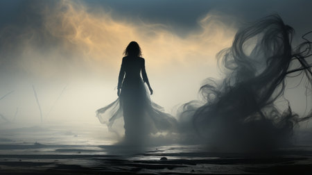 a woman walks towards a mesmerizing fire in this ethereal and ghostly photo. the flowing silhouette and romantic fantasy style create a captivating atmosphere. this stunning concept art, captured with a nikon d750, showcases the beauty of ethereal seascapes and the artistic vision of stefan gesell. get lost in the enchantment with this captivating wallpaper. ai generatedの素材