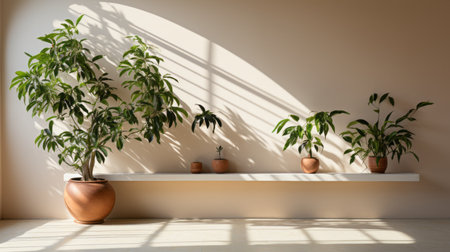 three terracotta bowls are placed in front of a lush green wall adorned with various plants. the play of light and shadow creates a captivating ambiance, enhanced by techniques such as ambient occlusion and solarizing master. sunrays beautifully illuminate the scene, while volumetric lighting adds depth. the overall composition is crisp, clean, and accentuates the flatness of the space. ai generatedの素材