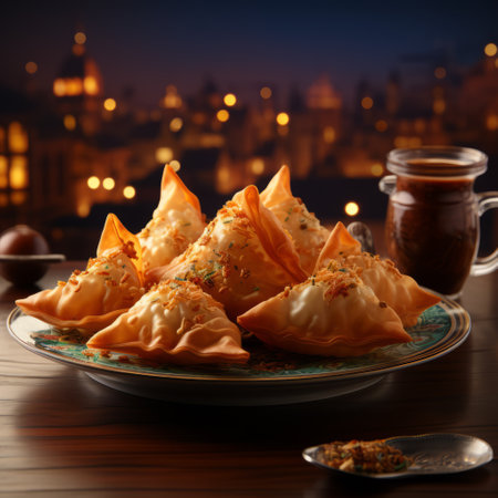 an assortment of pastries, inspired by indian pop culture, is beautifully presented on a wooden plate. the scene is reminiscent of brooding cityscapes, with a touch of bokeh in the background. the pastries are adorned with crumpled dark orange and light bronze accents, creating an exquisite display. the lighting adds a captivating touch to this daz3d rendered image. ai generatedの素材