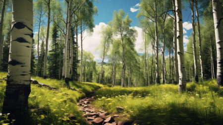 a path winding through a picturesque forest creates a captivating view, reminiscent of whimsical wilderness scenes. the image showcases a pastoral landscape with stunning details, resembling the graphics of xbox 360. the artistic touch, inspired by the works of ansel adams and mark arian, adds a painterly style to the photo, enhanced by vray tracing techniques. ai generatedの素材