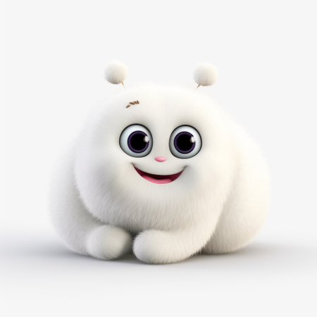 a cute white character, inspired by the artistic styles of igor zenin and robert munsch, is depicted sitting on a white background. this high-resolution image showcases the use of snailcore aesthetics, ray tracing technology, and vibrant luminous colors. the character's design features a bulbous shape, adding a unique touch to the overall composition. ai generatedの素材