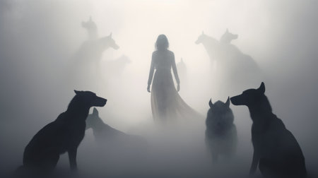 a girl and dogs stand in the midst of fog, their shadows cast before them. a woman stands before the intriguingly taboo scene, reminiscent of mythology-inspired symbolism. this captivating photograph, a contest winner, captures a dreamlike scenario with a touch of caninecore. the dusty piles add an additional layer of mystery to the composition. ai generatedの素材