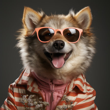 a dog wearing sunglasses and a skirt poses for a studio portrait. the photo, in the style of light orange and magenta, showcases a detailed character design. this berrypunk-inspired image captures a joyful and optimistic vibe. a perfect addition to national geographic's collection, this photo showcases the dog's unique personality and love for fashion. ai generatedの素材