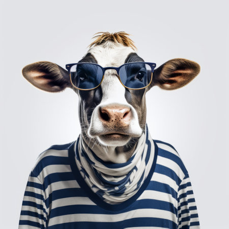 a cow wearing sunglasses and a sweater, captured in a conceptual portraiture style. the photo showcases a light navy and white color scheme with a solarization effect. the striped compositions add an interesting visual element. the image combines elements of industrial and product design. the cow's captivating gaze and strong facial expression make for a compelling subject. ai generatedの素材