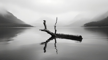 a piece of driftwood rests peacefully in the center of a serene lake, creating a monochromatic and atmospheric landscape. the image captures the essence of tranquility with its muted tonality and calming symmetry. the misty atmosphere adds a touch of mystery, while the matte finish of the photo enhances its overall aesthetic appeal. ai generatedの素材