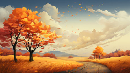 a stunning digital art photo showcasing the greatest home and other amazing landscapes for android. this manga-style image features a tender depiction of nature with light orange and yellow hues. the nostalgiccore vibes are enhanced by the sky-blue and maroon colors, as well as the intricate leaf patterns. ai generatedの素材