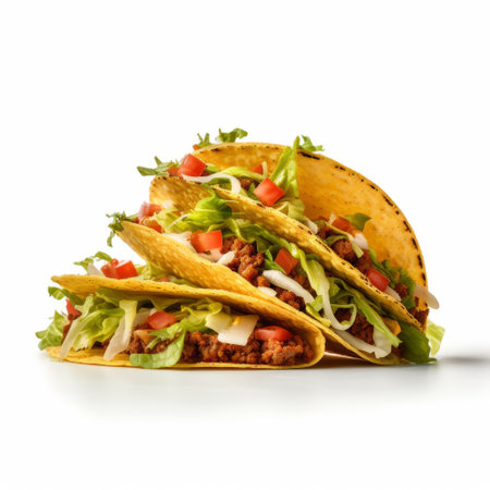 three tacos, filled with fresh lettuce and juicy tomatoes, are artfully arranged and captured in a photograph. the softbox lighting technique enhances the vibrant colors of the ingredients, creating a high-key effect. this visually appealing image showcases the deliciousness of the tacos, while the use of layered fibers adds texture. the photo has a matte finish, giving it a timeless quality. ai generatedの素材