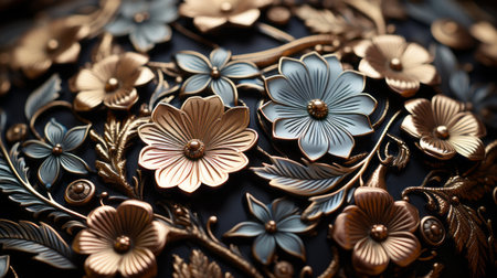 metal statue and flowers on a table, featuring a dark azure and bronze color scheme. this decorative art nouveau piece showcases intricate details and a multilayered texture. set against a black background, the light blue and bronze elements create a stunning contrast. the statue resembles a piece of metalwork jewelry. ai generatedの素材