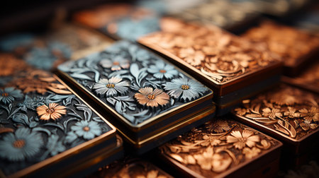 metal designs on silver boxes featuring intricate floral patterns in a dark sky-blue and bronze color scheme. this macro photograph by oleksandr bogomazov showcases the detailed craftsmanship of these expensive and colorful woodcarvings. the image captures the metallic rectangles with a focus stacking technique, highlighting the fine details of the designs. ai generatedの素材