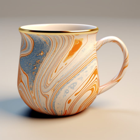 a 3d model of a coffee cup is displayed on a white surface. the cup is designed with a marbleized pattern in light navy and orange, as well as light gold and light azure. the background features intricate elements, while fluid line work adds to the overall aesthetic. the cup is highlighted with a rim light, showcasing the artistry of rashad alakbarov. ai generatedの素材