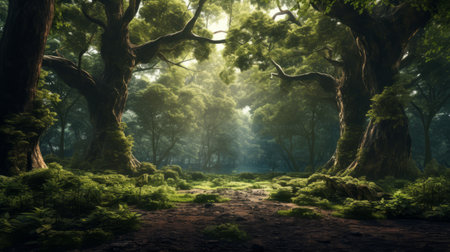 a high-resolution digital art stock photo featuring a forest bathed in sunlight. this immersive environment, created in the style of epic fantasy scenes, showcases the high quality and realism of the image. inspired by mythology, this photo captures the enchanting beauty of nature with the help of unreal engine 5. ai generatedの素材