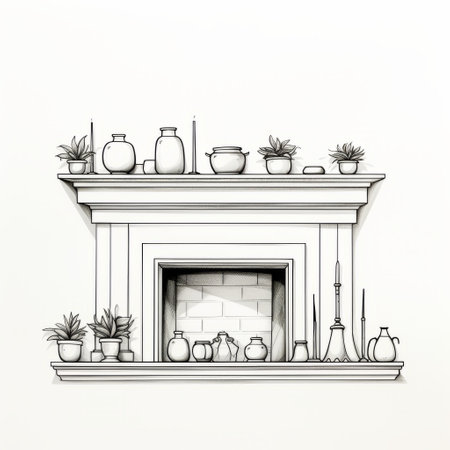a hand-drawn line style sketch vector illustration of a decorative fireplace. this artwork is created in the style of meticulous photorealistic still lifes, inspired by minimalist ceramics and the works of brian kesinger. the drawing features detailed foliage and is set against a white background, with luminous 3d objects adding a touch of elegance to the composition. the artist has skillfully utilized negative space toの素材