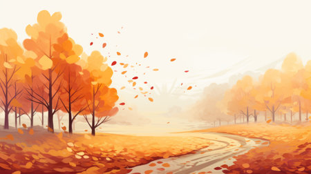 an autumn forest landscape wallpaper featuring a graphic novel-inspired illustration style. the vibrant colors of light red and yellow create a captivating visual. with an 8k resolution, the flowing brushwork and detailed character illustrations bring the scene to life. this landscape painting embodies the essence of prairiecore aesthetics. ai generatedの素材