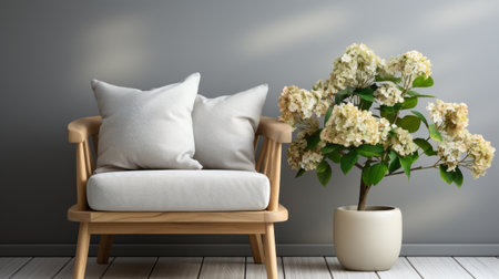 a white chair is positioned against a grey wall, accompanied by a flower pot in the corner. this composition reflects the influence of zen buddhism, with soothing color palettes and a touch of luxury through the use of light brown and gray tones. the 8k 3d quality enhances the visual experience, while the romanticized nature elements evoke the artistic style of fernando amorsolo. ai generatedの素材