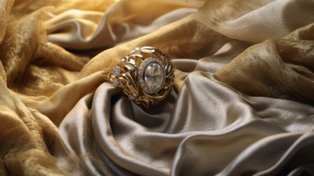 a vintage golden ring, ethereal and elegant, is showcased on a luxurious gold silk veil. this stunning piece, rendered in cinema4d, unreal engine 5, and vray tracing, boasts an award-winning design. with its marbleized texture and clockpunk-inspired style, this ring utilizes intricate craftsmanship to captivate the eye. ai generatedの素材