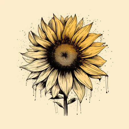 an ink sketch of a sunflower, reminiscent of vintage poster design, showcases drips and splatters for an artistic touch. the realistic usage of light and color brings the sunflower to life, with a combination of light black and dark beige tones. the detailed character illustrations and free brushwork add depth, while the woodcut-inspired graphics add a unique flair. ai generatedの素材