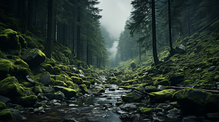 moss-covered rocks and waterfalls emerge from the fog, creating a captivating scene of natural beauty. this narrative-driven visual storytelling captures the essence of atmospheric woodland imagery, with its vibrant green hues contrasting against the dark shadows. the use of vray tracing enhances the impressive panoramas, reminiscent of the renowned dusseldorf school of photography. ai generatedの素材