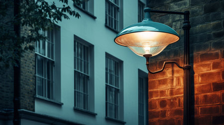 a street light, in the style of light teal and light navy, sits on a brick wall, creating an atmospheric ambience. this uhd image captures the exquisite lighting reminiscent of the school of london. the photo beautifully combines natural and man-made elements, with the street light suspended or hanging above the brick wall. ai generatedの素材