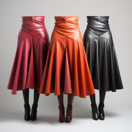 the mannequins showcase a collection of vibrant leather skirts in various shades such as light crimson, dark amber, dark orange, and dark gray. the skirts feature a neo-classicist symmetry with precisionist lines, creating a visually striking display. the colors range from dark pink to dark black, adding depth to the matte photo. the overall composition achieves a balanced asymmetry. ai generatedの素材