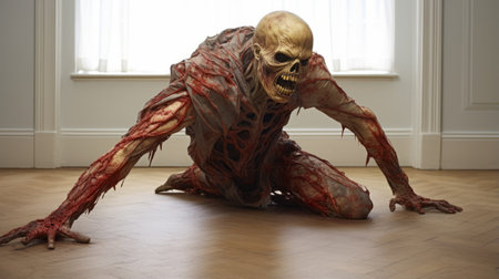 a person sits on the floor, holding a large, hyper-realistic sci-fi zombiecore skeleton made of rubber. the skeleton is dark beige and red in color, capturing the essence of supernatural creatures. this 20-megapixel photograph, taken by alvar cawn, showcases the intricate details of the skeleton, immersing viewers in a world of eerie fascination. ai generatedの素材