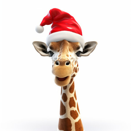 a christmas giraffe wearing a santa hat is depicted in this image. the artwork showcases a realistic hyper-detailed rendering with playful and ironic caricature faces. the use of vray and leica m6 adds to the realistic rendering, while the overall composition appears sculpted. ai generatedの素材