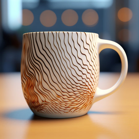 a coffee cup featuring a beautiful image created from a 3d model. the design showcases rhythmic linear patterns, realistic lighting, and a color palette of dark white and light amber. the artwork is characterized by squiggly line style, nature-inspired motifs, rough edges, and a combination of smooth and curved lines. ai generatedの素材