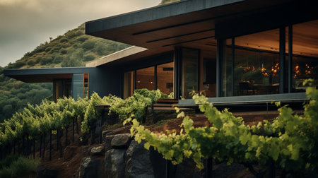 sleek hillside house design by olson kundig captured in a postmodern architecture photography. the close-up shot features a blurred vine in the foreground, adding depth to the composition. shot in 8k from a cinematic perspective, the image showcases professional color grading, epic volumetric lighting, and sharp focus. captured with a sony alpha a7 iii camera and a sony fe 24-105mm f/4 g oss lens, theの素材