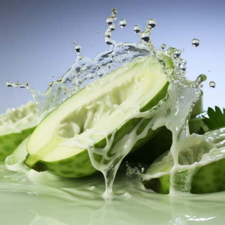 cuke splash: a vibrant photo capturing a cucumber splashing in water against a green background. inspired by the artistic styles of peter lippmann, greg olsen, and serge marshennikov, this image showcases soft and airy compositions, wavy lines, and organic shapes. a graceful balance is achieved, reminiscent of an associated press photo. ai generatedの素材