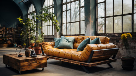 vintage industrial living room featuring light wood floors and a couch. the room is designed in a harmonious blend of dark sky-blue and dark amber, creating a nature-inspired ambiance. the leatherhide, light emerald, and light amber accents add a touch of elegance. the timber frame construction showcases eco-friendly craftsmanship, while the light brown and amber tones create a warm and inviting atmosphere. ai generatedの素材