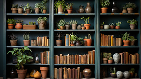 modern bookcase in london, showcasing a carefully curated selection of plants. this plant selection photography captures the perfect blend of contemporary design and natural elements. the sleek lines of the bookcase beautifully complement the vibrant greenery, creating a visually stunning display. ai generatedの素材