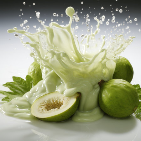 green leaves on the table, captured in the style of liquid light emulsion, showcase elaborate fruit arrangements. this visually stunning photograph, rendered in cinema4d, captures the essence of nature's beauty. associated press has featured this captivating image, which combines elements of frogcore, white and green hues, and a hint of soggy freshness. ai generatedの素材