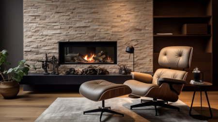 two modern lounge chairs are placed elegantly on a stone fireplace in a contemporary room. this high-quality photo, inspired by the style of leica r3 and alberto dros, showcases the complex layers and textures of the light brown and black color scheme. the composition evokes the artistic influences of pieter de hooch and sebastian errazuriz. ai generatedの素材