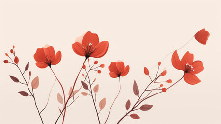 a background illustration featuring delicate flowers in the style of light orange and light crimson. the nature-inspired pieces are adorned with flowing lines, creating a minimalist and elegant aesthetic. the hanging scroll design adds a touch of sophistication to the light sky-blue and dark red color palette. ai generatedの素材