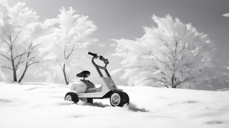 electric scooter in the snow, captured in a monochrome landscape style reminiscent of national geographic. this childlike simplicity, combined with the matte finish, creates a whimsical illustration that transports you to tranquil gardenscapes. an associated press photo that showcases the beauty of winter and the joy of riding an electric scooter in a unique and artistic way. ai generatedの素材