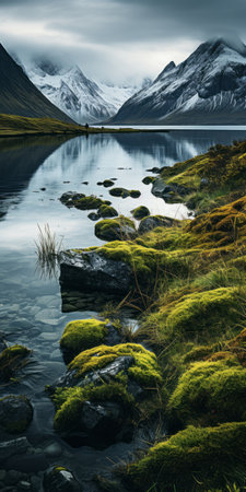 a swamp in iceland with a minimalist typography, in the style of animated gifs, captures the gothic horror grandeur. the hardangerfjord road to the saser kangri iv, surrounded by snowy summit mountains, creates a symmetrical arrangement. the image also features thetta mittens and tea cups, reminiscent of the fantastic mr. fox-esque aesthetic. shot with a tamron 17-50mm f/2.8 xr di ii vc 24mm f/2.8 diの素材