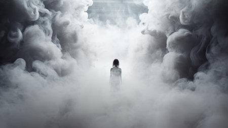 a girl stands amidst a foggy space, surrounded by towering cypress trees. the image captures trapped emotions, with a cloudcore style and a strong emotional impact. the smokey background adds to the intensity, while the large-scale canvas creates a powerful visual impact. the dark and white tones create a passage-like atmosphere. ai generatedの素材
