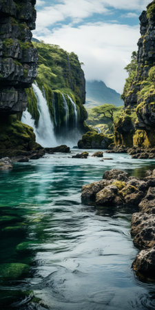 a mesmerizing waterfall in iceland along the aurlandsfjord road to the khartaphu, surrounded by the majestic kangchenjunga snowy mountains. this stunning photo captures the essence of islendingur skiing, presented in the style of animated gifs. shot with the tamron 70-210mm f/4 di vc usd 24mm f/2.8 di iii osd m1:2 lens, the image showcases minimalist typography reminiscent of the grand budapest-esque aesthetic, with handwritten lettersの素材