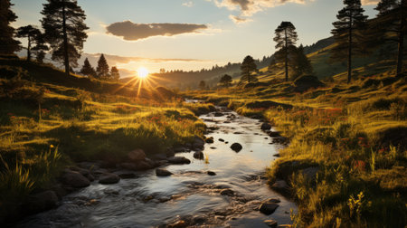 river flowing through a grassy landscape under a radiant sky, capturing the beauty of nature in a romanticized manner. this stunning photograph, taken in the swiss style, showcases the mesmerizing play of sunlight on the water. it is an associated press photo, captured with a hasselblad h6d-400c camera, and can be found on flickr, boasting bold chromaticity. ai generatedの素材