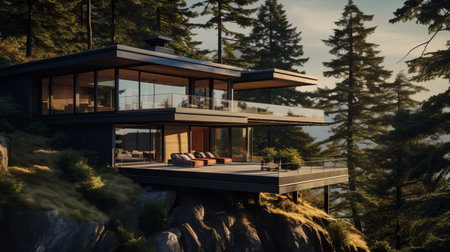 victorian architecture photography of sleek hillside house design by olson kundig. close-up shot with a blurred tree in the foreground. shot in 8k from a movie-like composition, featuring professional color grading and epic volumetric lighting. the image showcases sharp focus, film grain, and a captivating atmosphere. captured using a sony alpha a7 iii camera with a sony fe 24-105mm f/4 g oss lens. available inの素材