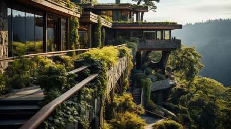 sleek hillside house design by olson kundig captured in this international style architecture photography. the close-up shot features blurred ivy in the foreground, adding depth to the composition. shot in 8k from a cinematic perspective, the image showcases professional color grading, epic volumetric lighting, and sharp focus. taken with a sony alpha a7 iii camera and a sony fe 24-105mm f/4 g oss lens, theの素材
