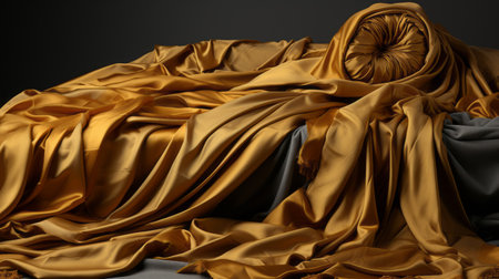 a golden silk and linen 3d model, featuring surrealistic elements, showcases slumped and draped textures. the dark and moody still lifes evoke auto-destructive art, with photorealistic detail capturing the intricacies of the wrapped fabric. the overall aesthetic is reminiscent of baroque influences. ai generatedの素材