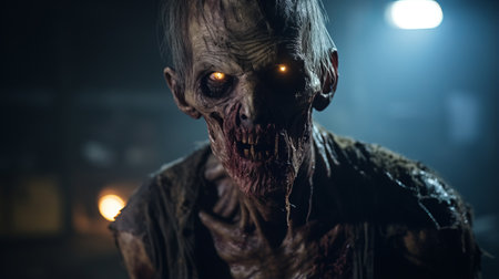a black and white zombie with red eyes and a scar on his forehead is depicted in this photo. the image showcases the style of rendering in unreal engine, specifically highlighting the atmospheric lighting and blink-and-you-miss-it details. the danish golden age influence is evident, while the glowing lights add an eerie touch. this captivating visual is a testament to the power of intel core technology.の素材