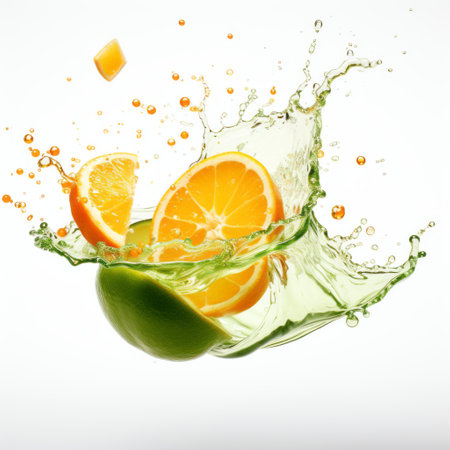 sliced oranges arranged in a dynamic pose, submerged in water. this commercial imagery showcases the innovative techniques used to capture the explosive pigmentation of the silver and green fruit. the sharp, vivid colors of the oranges create a visually striking composition. ai generatedの素材